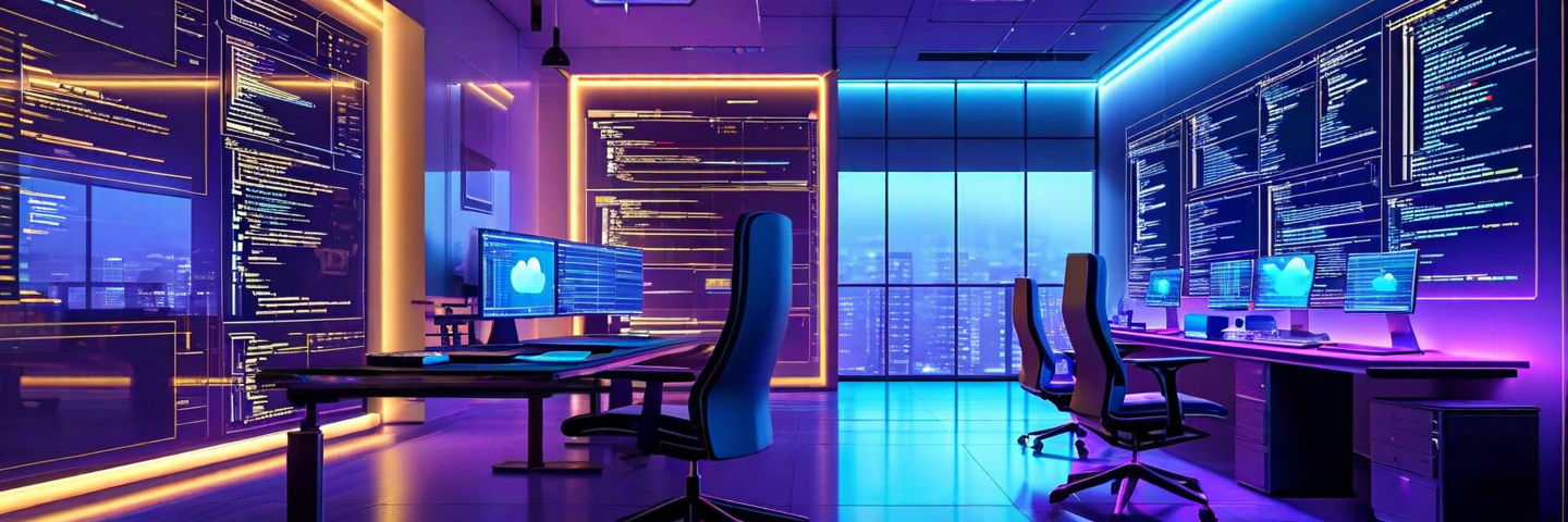 A modern developer's workspace showing evolution and progress: layers of interconnected technology tools (code, cloud icons, AI elements) flowing from left to right, transitioning from basic building blocks to sophisticated systems. Warm lighting illuminates sleek surfaces with a blend of blues, purples, and gold accents. The composition suggests growth, optimization, and the journey from compl...