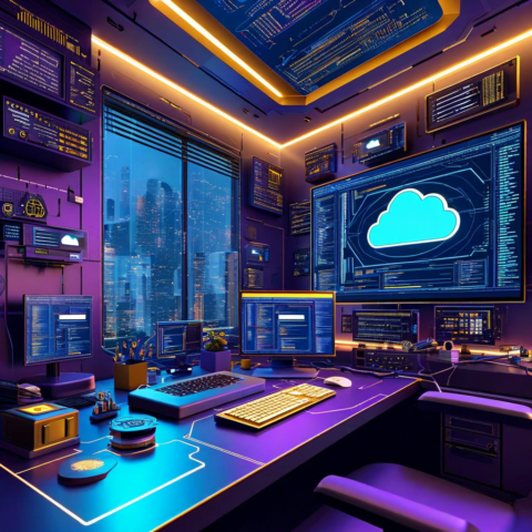 A modern developer's workspace showing evolution and progress: layers of interconnected technology tools (code, cloud icons, AI elements) flowing from left to right, transitioning from basic building blocks to sophisticated systems. Warm lighting illuminates sleek surfaces with a blend of blues, purples, and gold accents. The composition suggests growth, optimization, and the journey from compl...