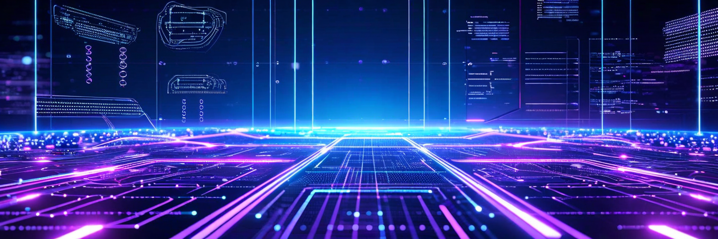 A futuristic digital workspace showing interconnected nodes and flowing data streams in blues and purples, with abstract representations of automation, AI, and cloud infrastructure merging together in a harmonious tech ecosystem, modern and sleek aesthetic with glowing elements and dynamic motion.