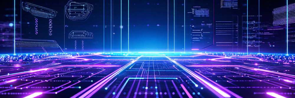 A futuristic digital workspace showing interconnected nodes and flowing data streams in blues and purples, with abstract representations of automation, AI, and cloud infrastructure merging together in a harmonious tech ecosystem, modern and sleek aesthetic with glowing elements and dynamic motion.