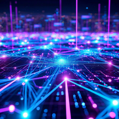 A futuristic digital workspace showing interconnected nodes and flowing data streams in blues and purples, with abstract representations of automation, AI, and cloud infrastructure merging together in a harmonious tech ecosystem, modern and sleek aesthetic with glowing elements and dynamic motion.